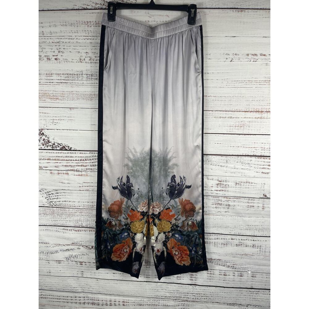Caballero Pants Womens Size Small Gray Satin Wide Leg Floral Print Elastic Waist - Picture 4 of 9